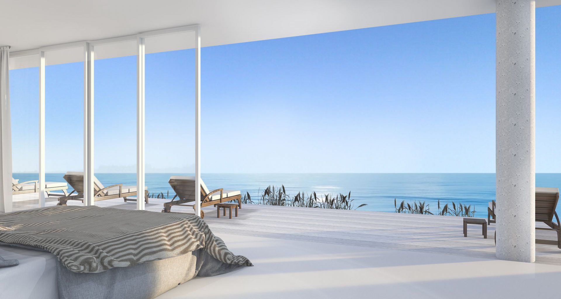 Open plan bedroom facing the ocean